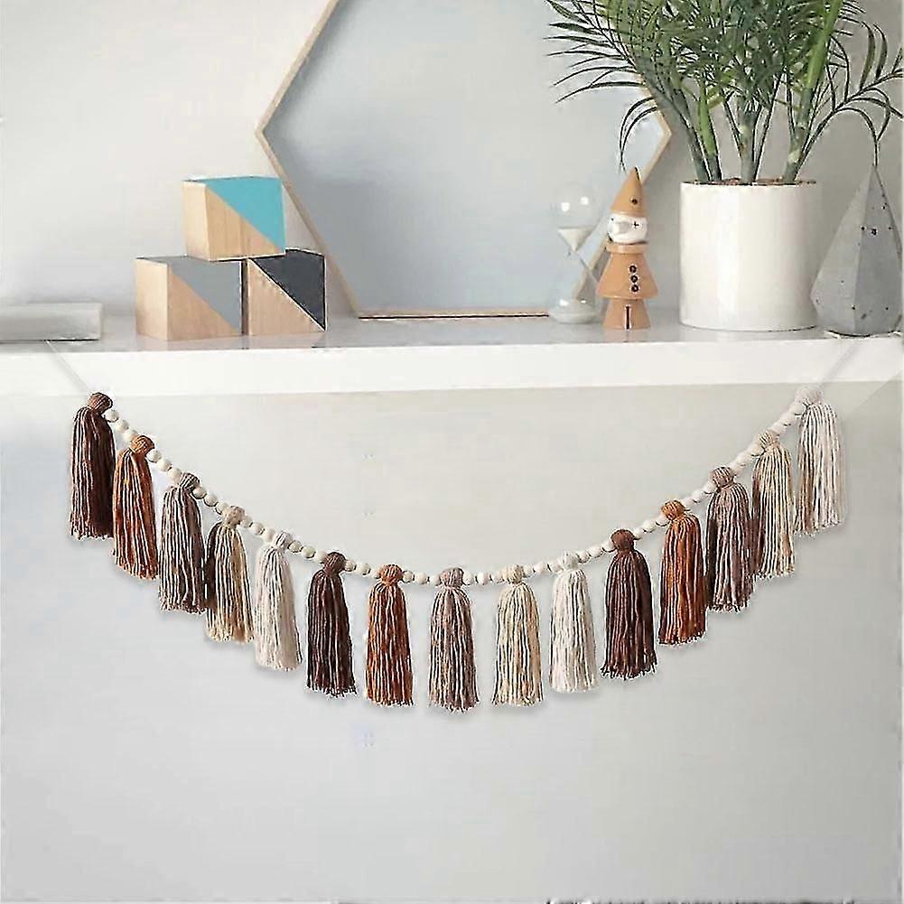 Wooden Beaded Pompom Tassel String Woven Pendant