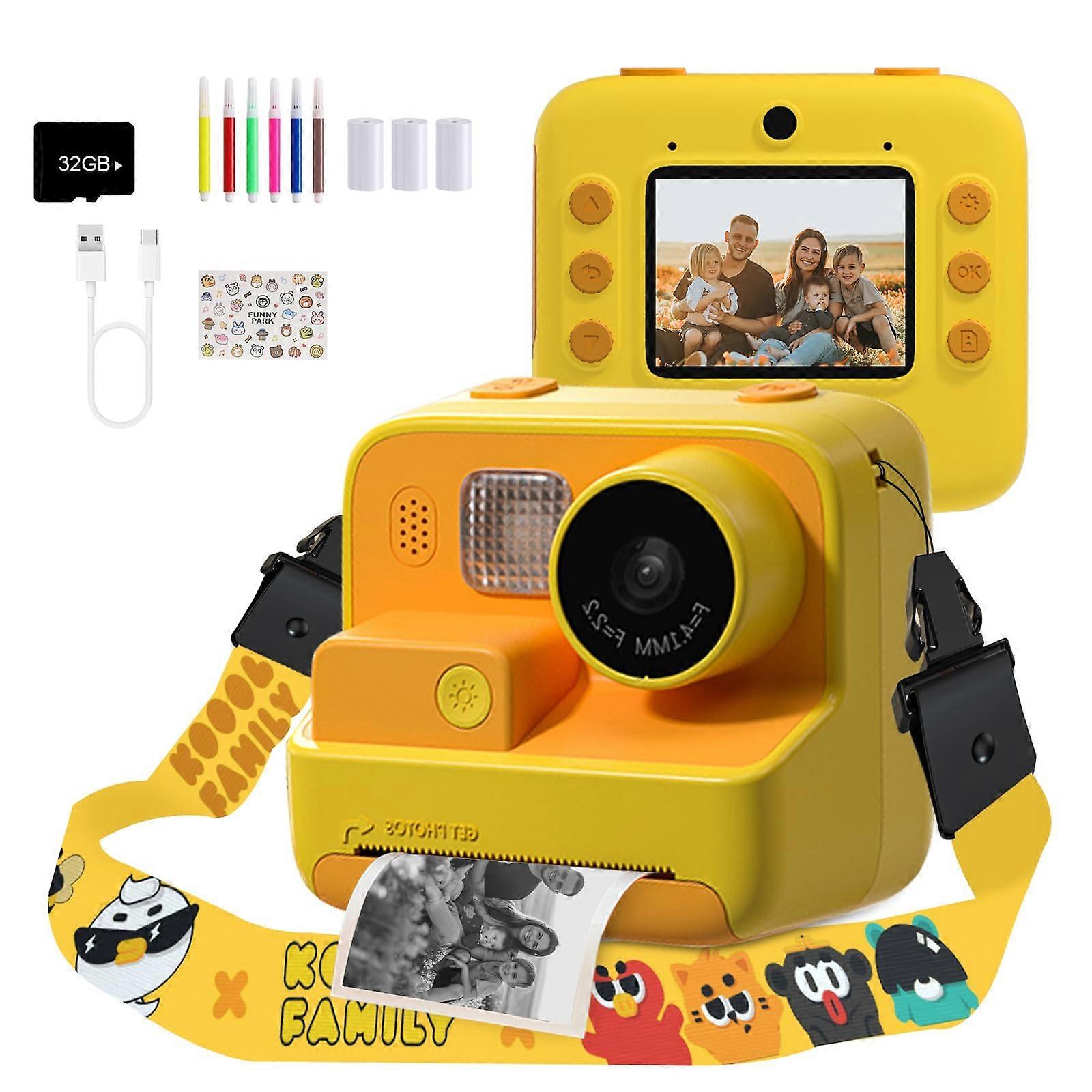 Kids Instant Print Camera 48MP Dual Lens 1080P Video with 32GB Card for Boys Girls Orange