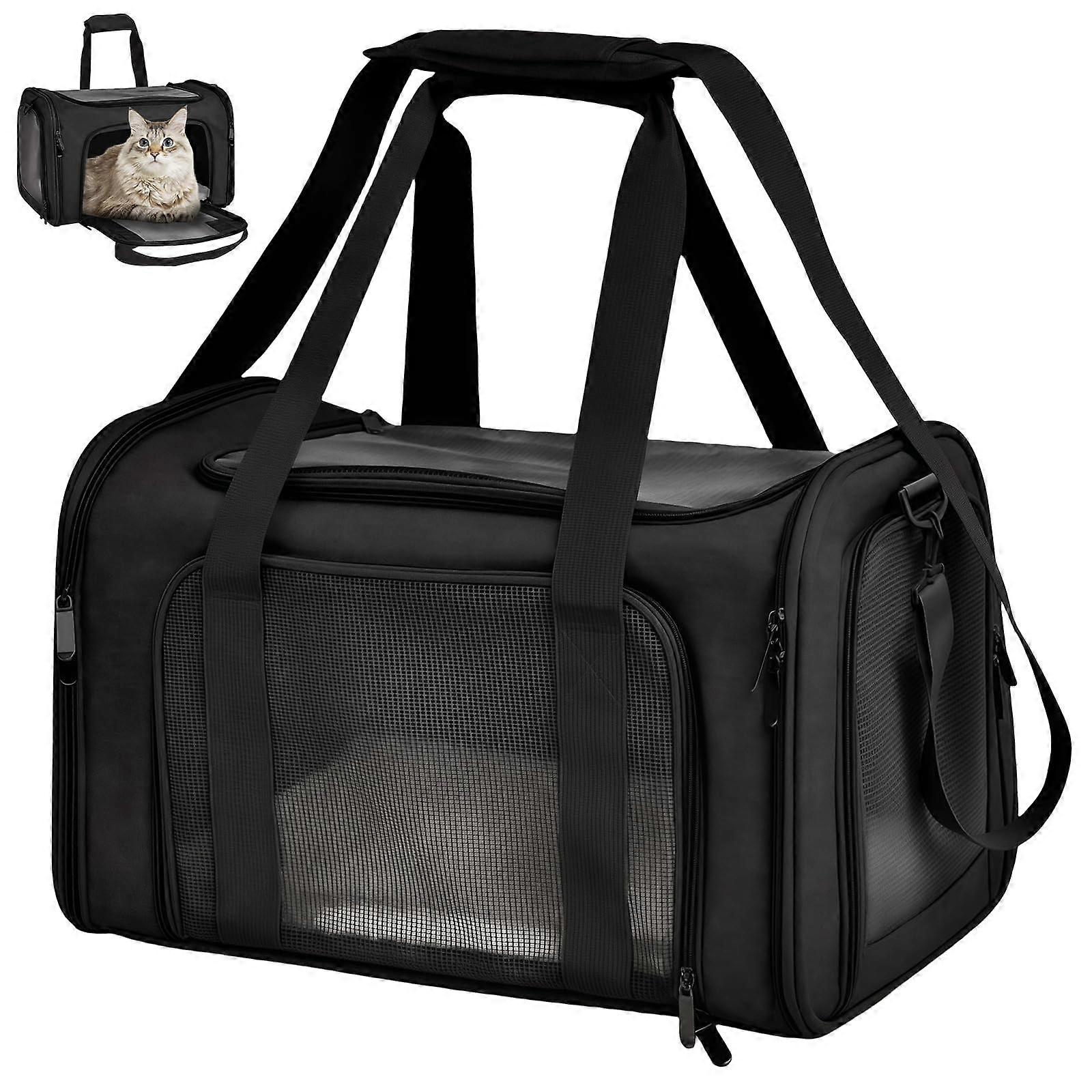 Foldable Cat Carrier for Travel with Ventilated Mesh Windows, Padded Base, Adjustable Strap, Black