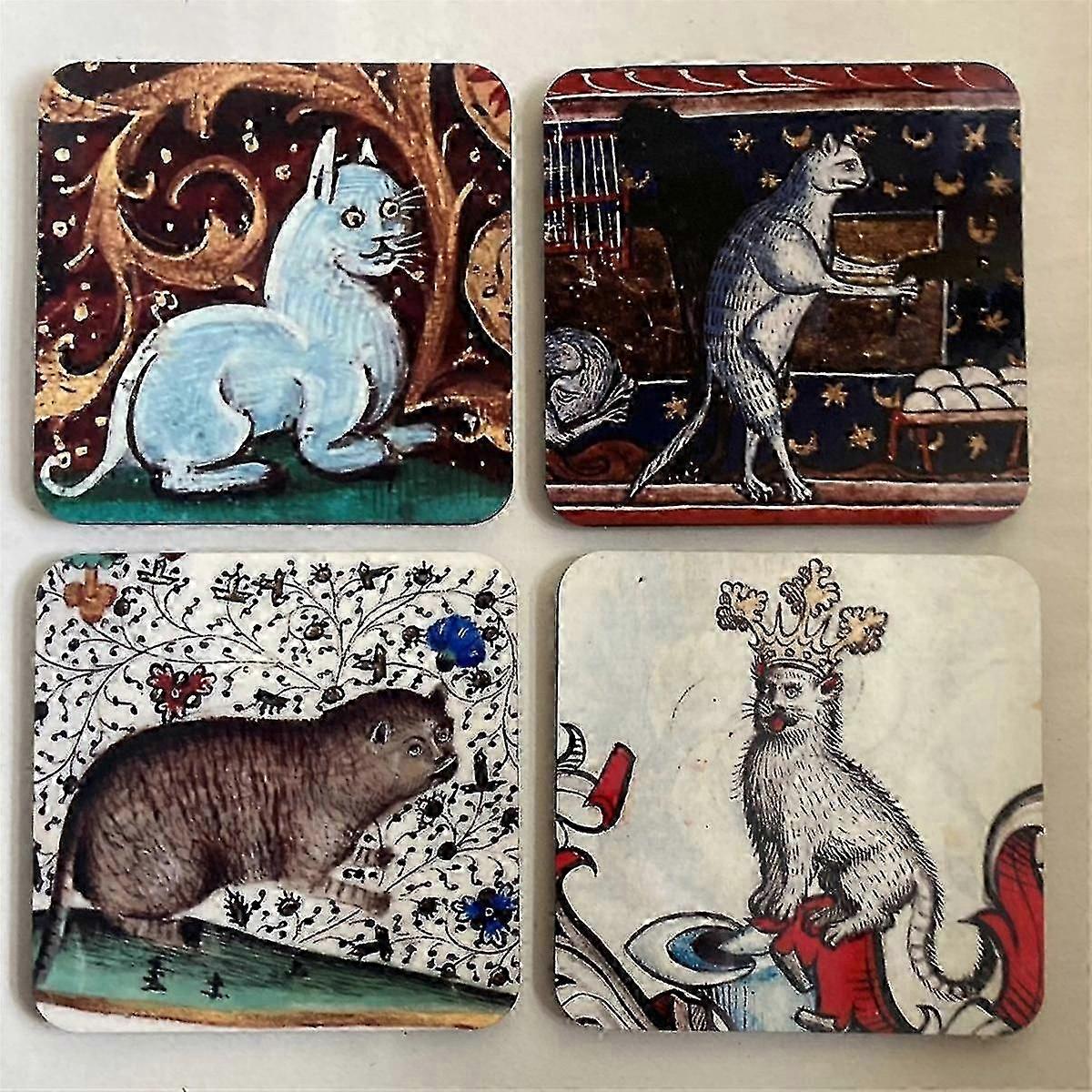 4PCS Medieval Cat Coasters compatible with Drink Set Cat Pattern Round Coasters, Drinking Coasters Cat Coaster