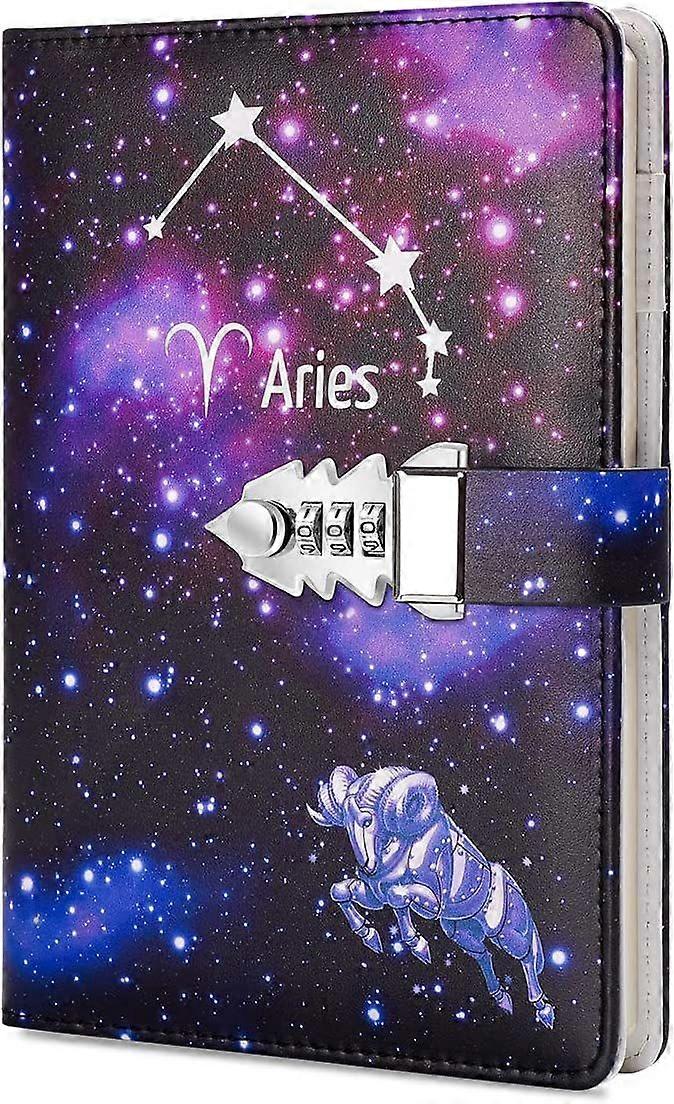 A5 Creative Password Lock Journal PU Leather Combination Lock Diary Locking Diary Notepad (Aries)