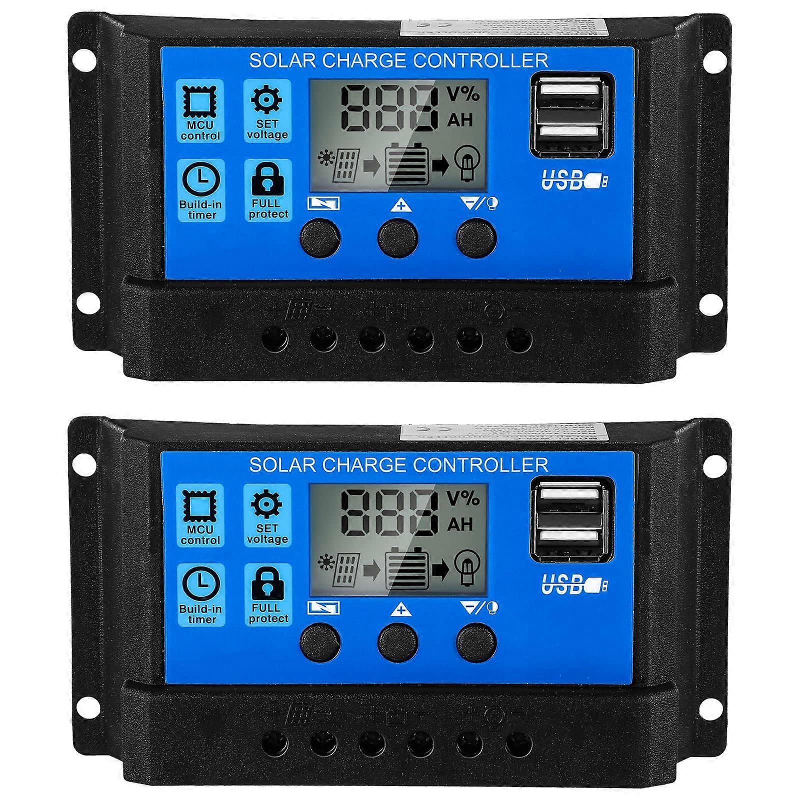 30A PWM Solar Charge Controller 12V 24V with Dual USB Fast Charging LCD Display Timer Function 2 Pack