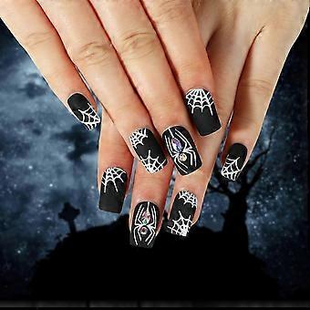 Halloween Press On Nails Set Short Square Matte Black White Fake Nails with Spider Web Rhinestones 24Pcs