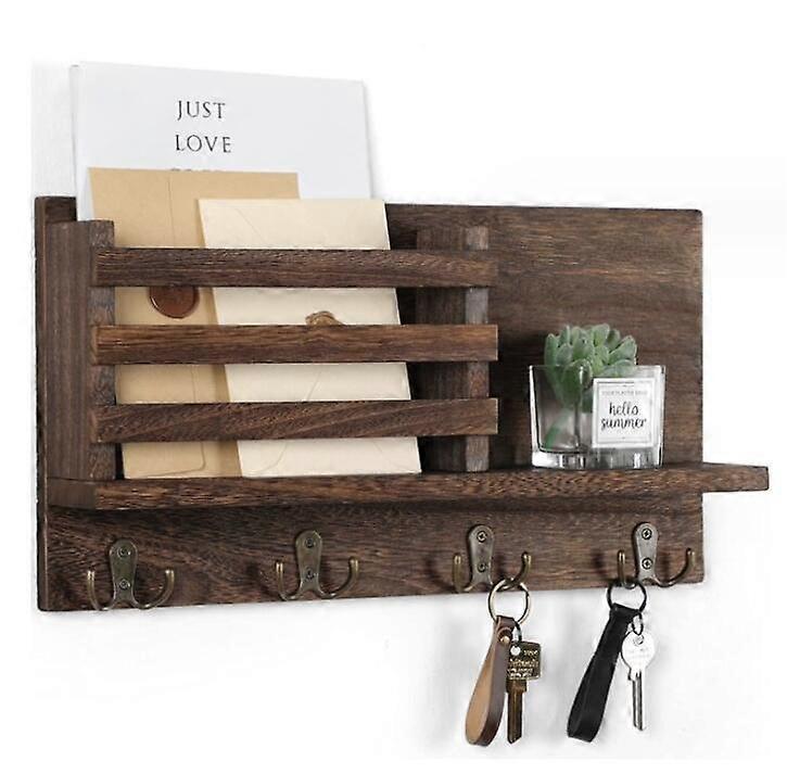 Wooden Wall Shelf With Five Key Hooks