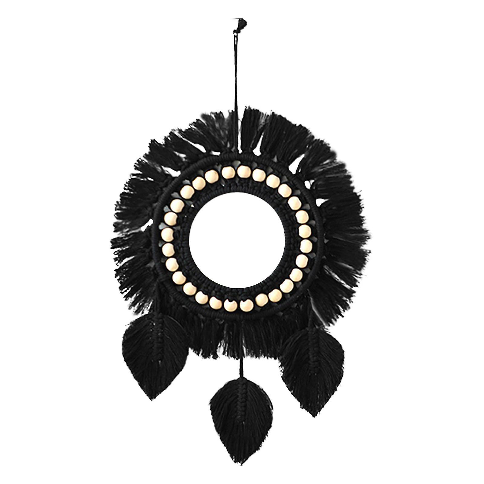 Round Mirror Boho Macrame Fringe Hanging Wall Mirror Decor Leaves 62cm
