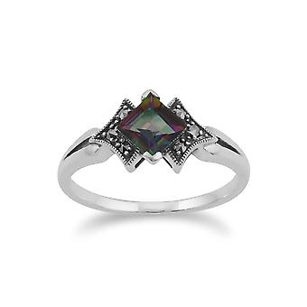 Art Deco Style Square Mystic Topaz & Marcasite Ring in 925...