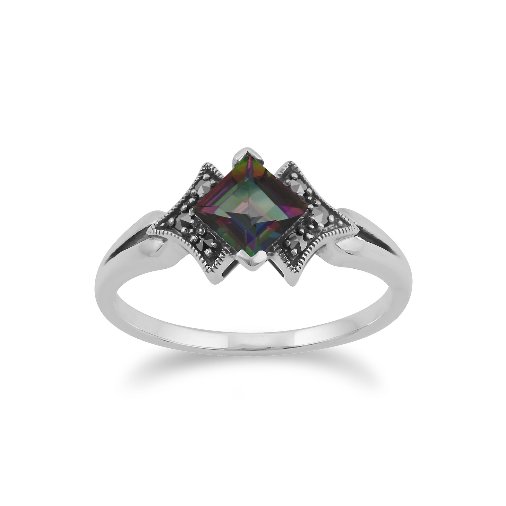 Art Deco Style Square Mystic Topaz & Marcasite Ring in 925 Sterling Silver 214R393305925