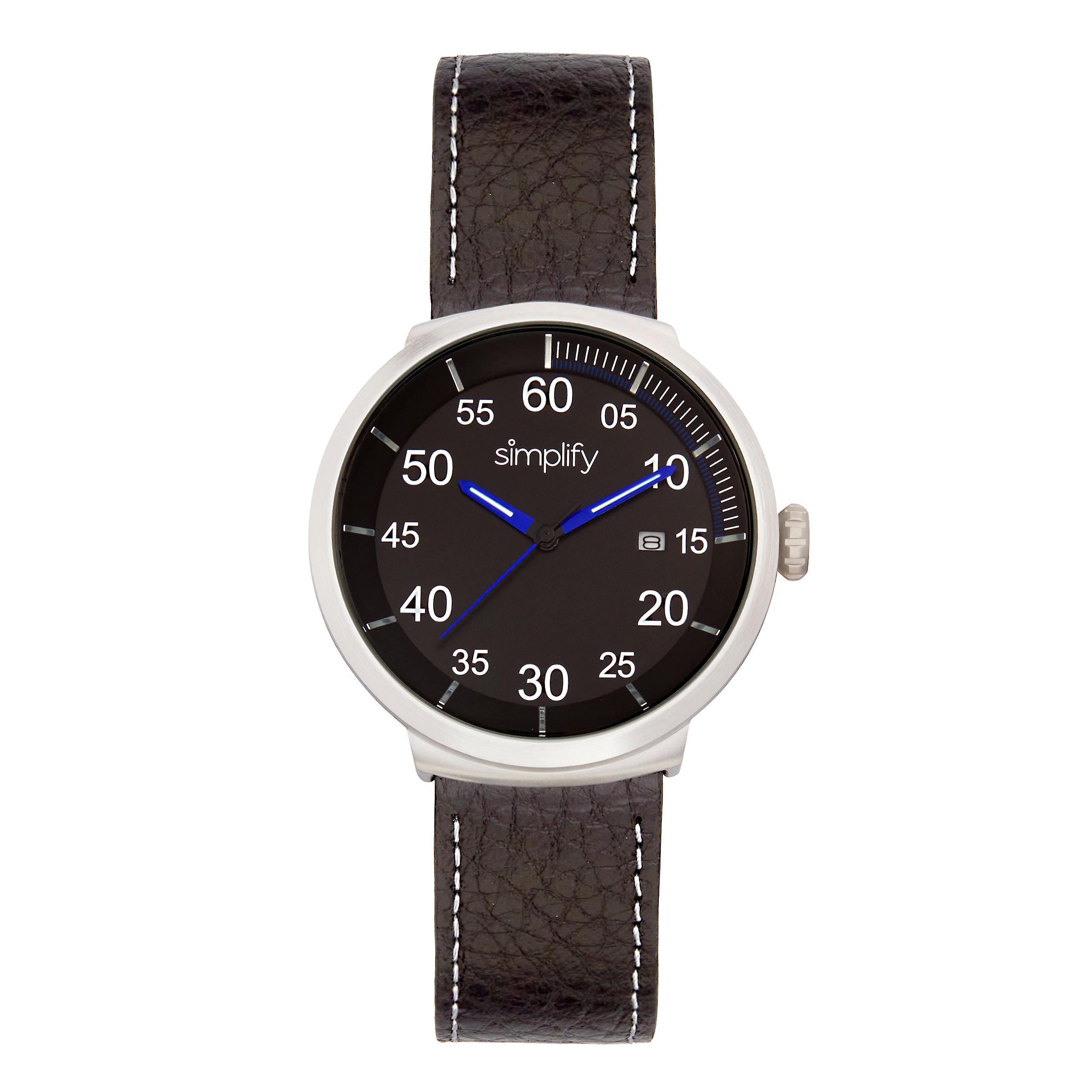 Simplify The 7100 Leather-Band Watch w/Date - Black