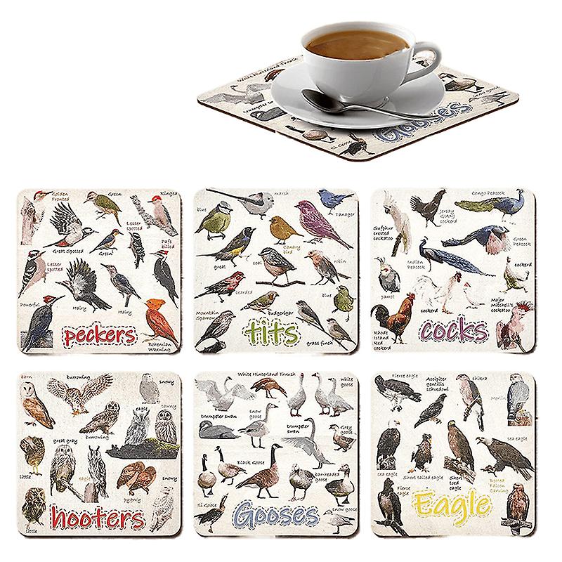 Set Of 6 Bird Pun Coasters, Bird Pun Coasters For Drinks, Square Coaster Set