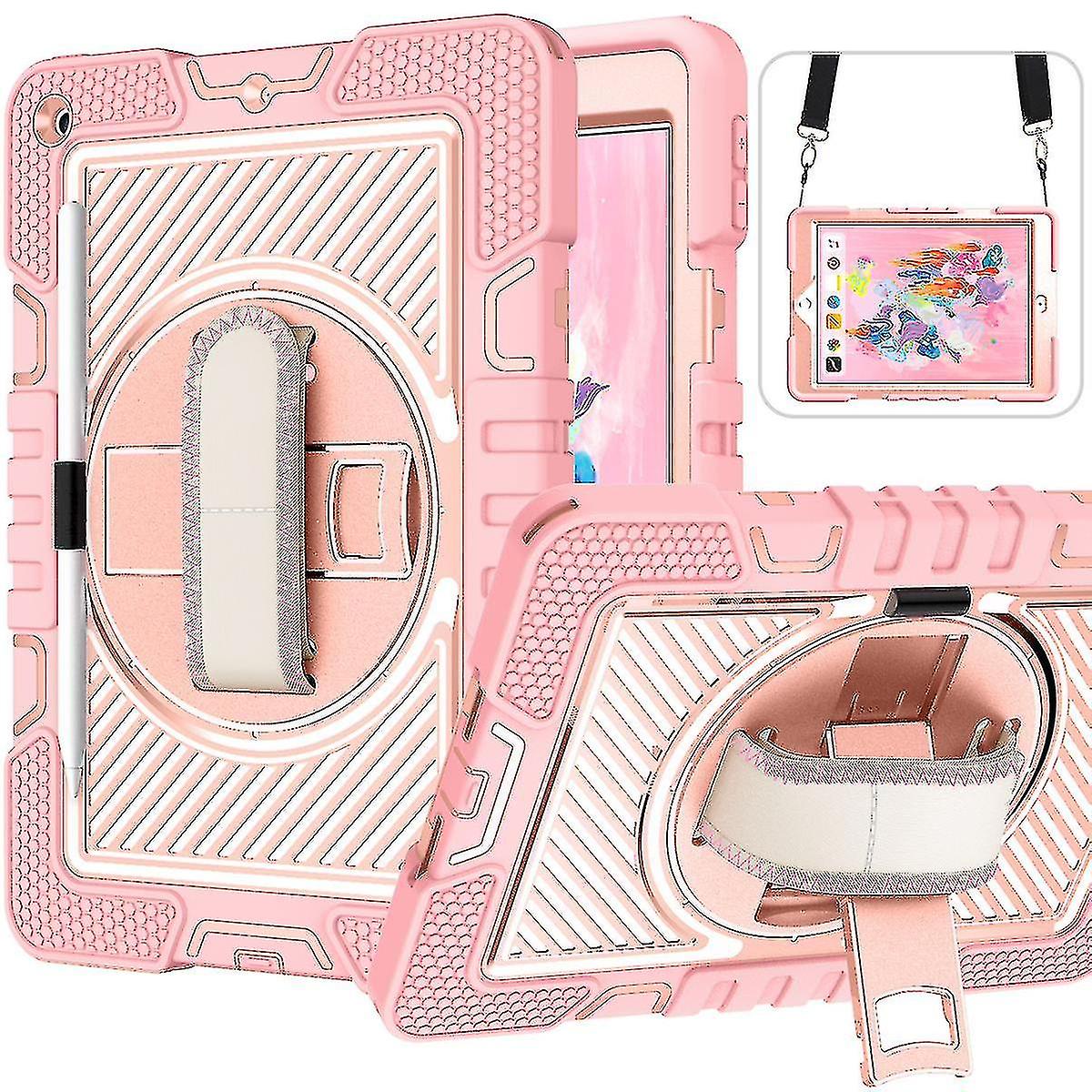 Cht-tablet Pc Case, Suitable For Apple Ipad-10.2 Full Body Silicone Protective Shell, Including Shoulder Strap + 360 Degree Rotating Bracket And Hand