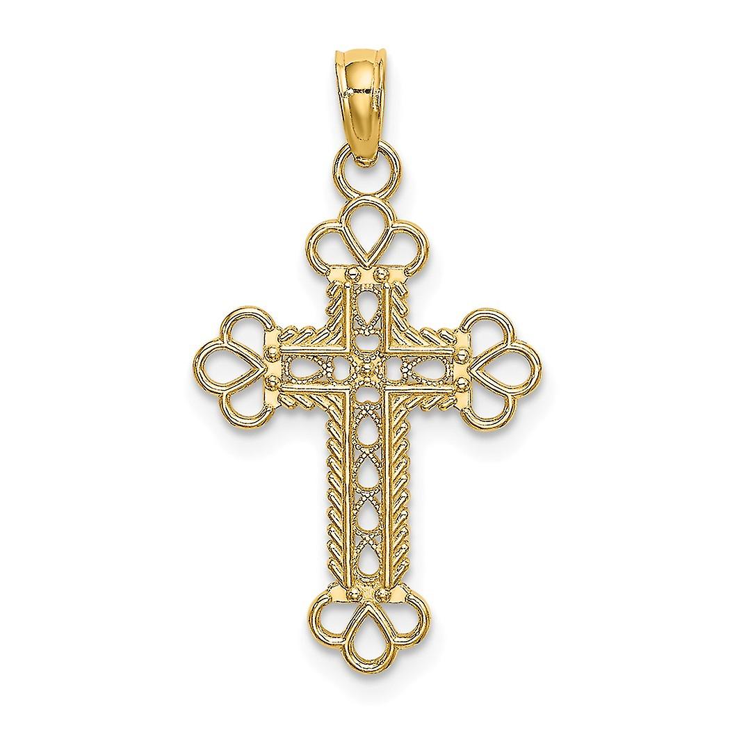 15mm 14k Gold Rope Frame Block Religious Faith Cross With Club Tips Cu out and Textured Pendant Necklace for Women
