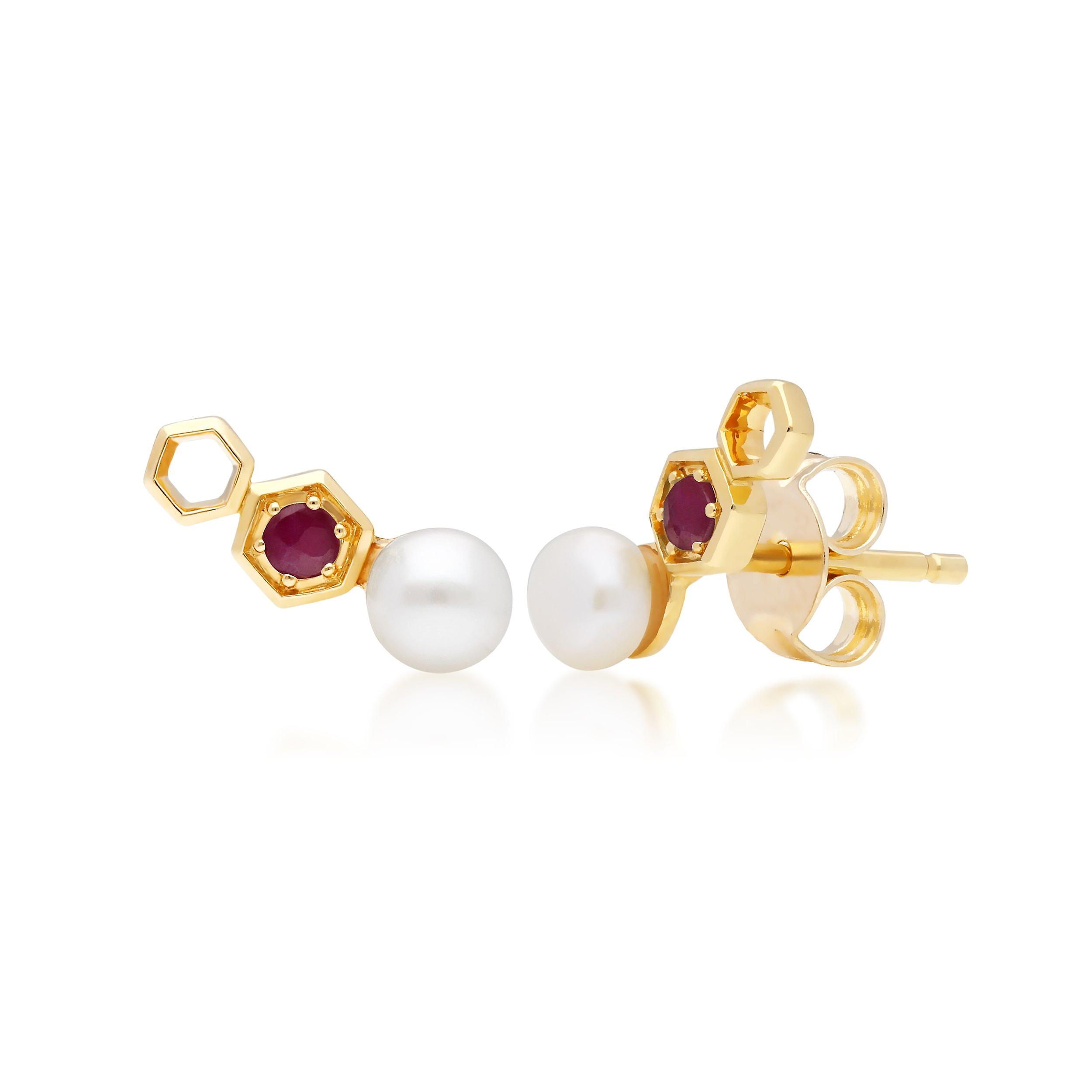 Modern Pearl & Ruby Ear Climber Studs in 9ct Yellow Gold 135E1632029