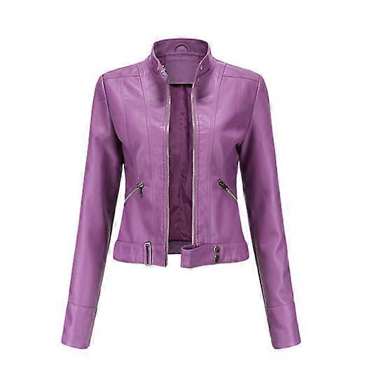 Womens Casual Classic-fit Solid Leather Female Zip Stand Collar Simple Jacket
