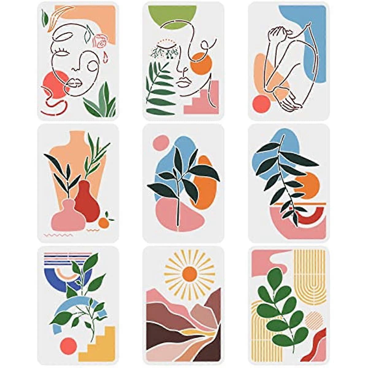 9PCS Boho Sunrise Stencil Abstract Art Stencils Large Reusable Tropical Plants Stencil Female Face Painting Stencils Geometric Art Stencils for Wood C