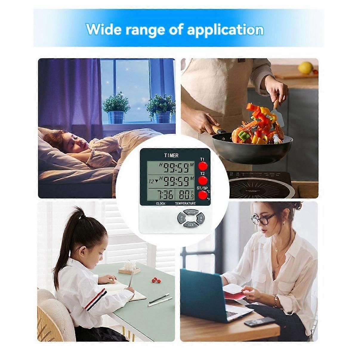 Kitchen Timer Digital Timer with Alarm Clock/Thermometer Function for Cooking Egg Timer Classroom T