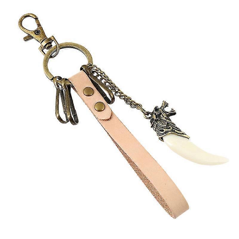 1pc Resin Wolf Tooth Key Ring Antique Cowhide Weave Car Keychain Key Holder