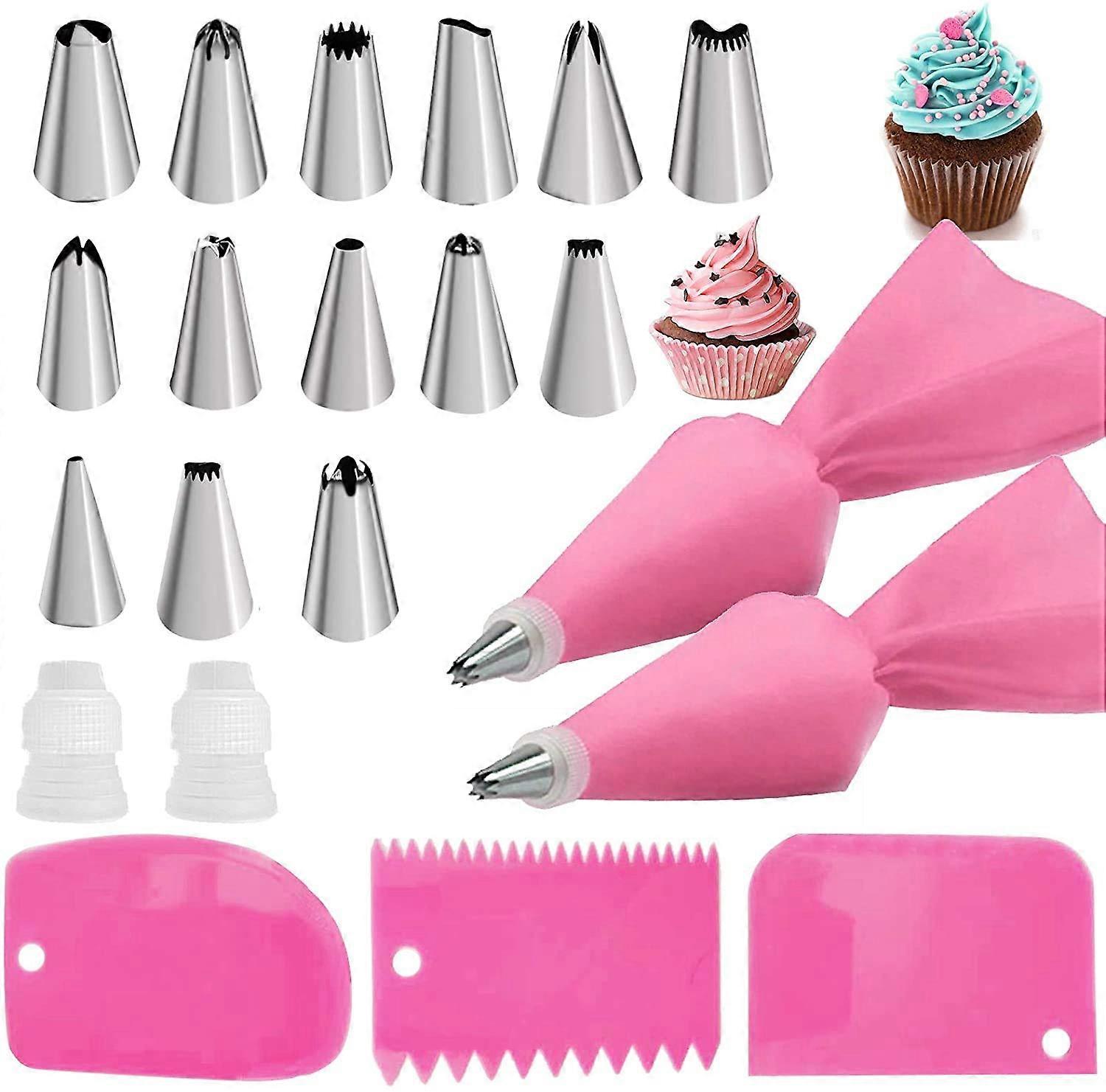 21 Piping Bags and Nozzles Set,14 Stainless Steel Cake Piping Nozzles Tips Kit,with 2Reusable Silicone Pastry Bag