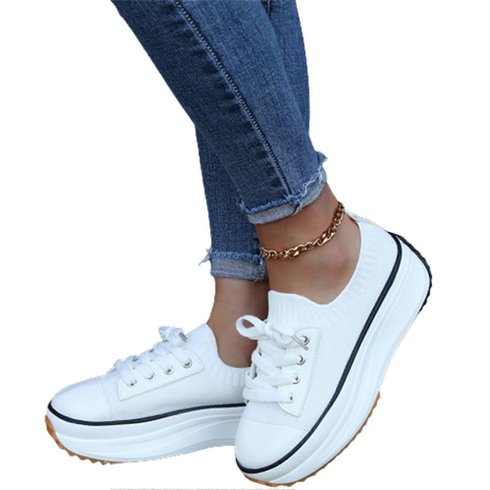 Damesneakers Flad platform åndbar strikket overbind afslappede sko