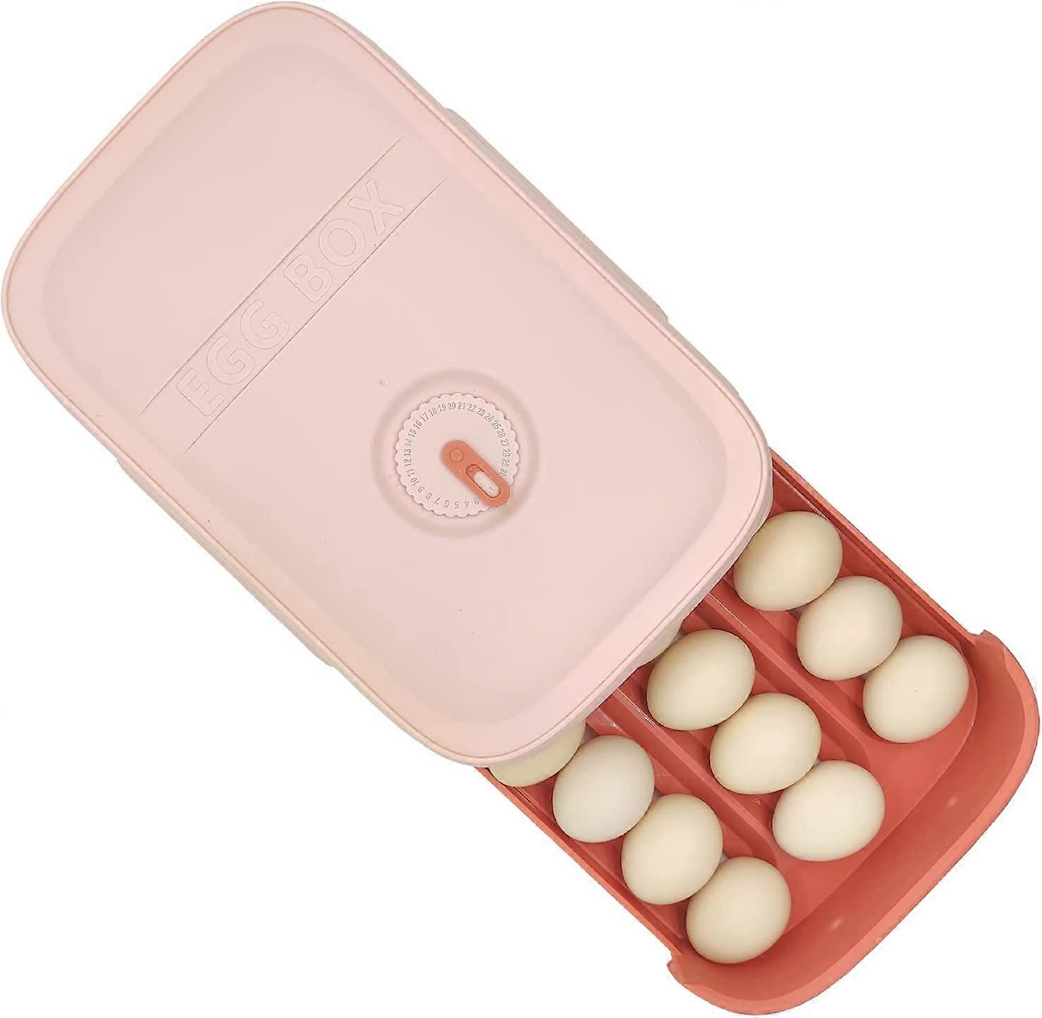 1 countertop rolling egg rack (18-21 eggs) refrigerator egg tray drawer type stackable plastic egg container storage rack kitchen box (pink)