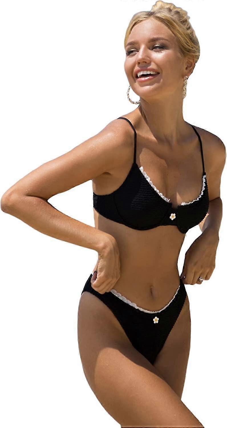 Women's Underwire Bikini Sets High Cut Two Piece Swimsuit Lace Trim Bathing Suit