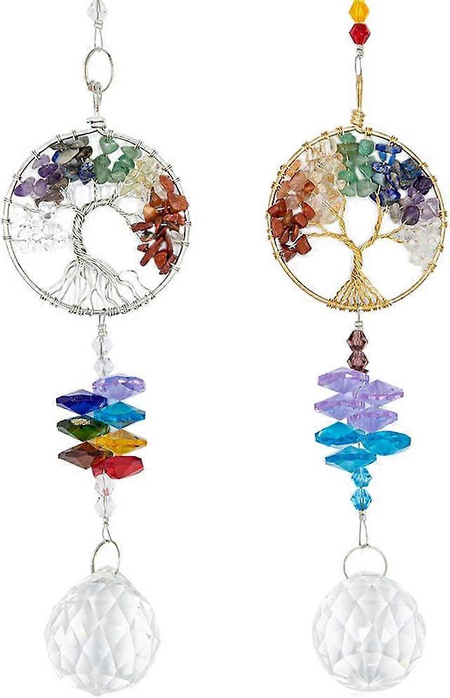 2 Pack Hanging Crystal Suncatcher - Tree of Life Crystal Pendant Rainbow Crystal Ornament Crystal Ball Prism Chakra Crystal for Window, Garden, Home D