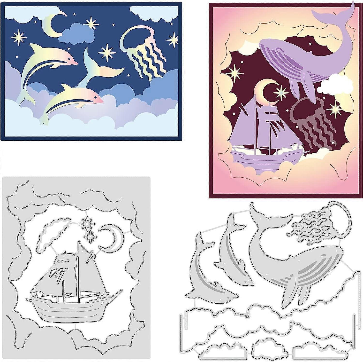 1Set 2Pcs Dream Ocean Cutting Dies Sailboats Dolphin Embossing Stencils Die Cuts for Paper Card Making