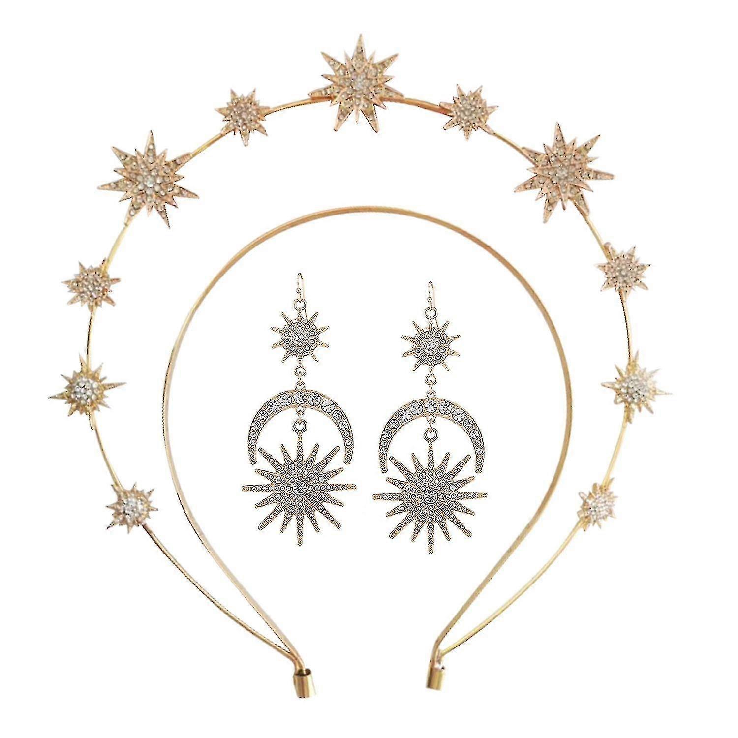 Halo Crown כוכבים כתר האלה Halo סרט ראש Tiaras וכתרים לנשים כיסוי ראש חתונה כלה Boho (1-כתר זהב עם עגילים)