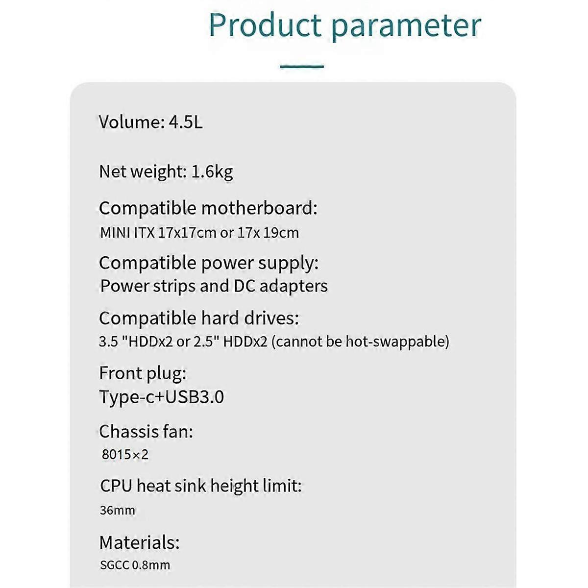 Gabinete para computador desktop ITX, gabinete para mini NAS, disco rígido duplo de 3,5 polegadas, interface frontal USB 3.0, tipo prata