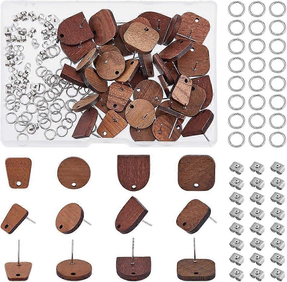 40Pcs 4 Style Arch & Flat Round & Square & Trapezoid Wood Stud Earring Findings with 304 Stainless Steel Pins & 50Pcs Open Jump Rings 40Pcs 201 Stainl