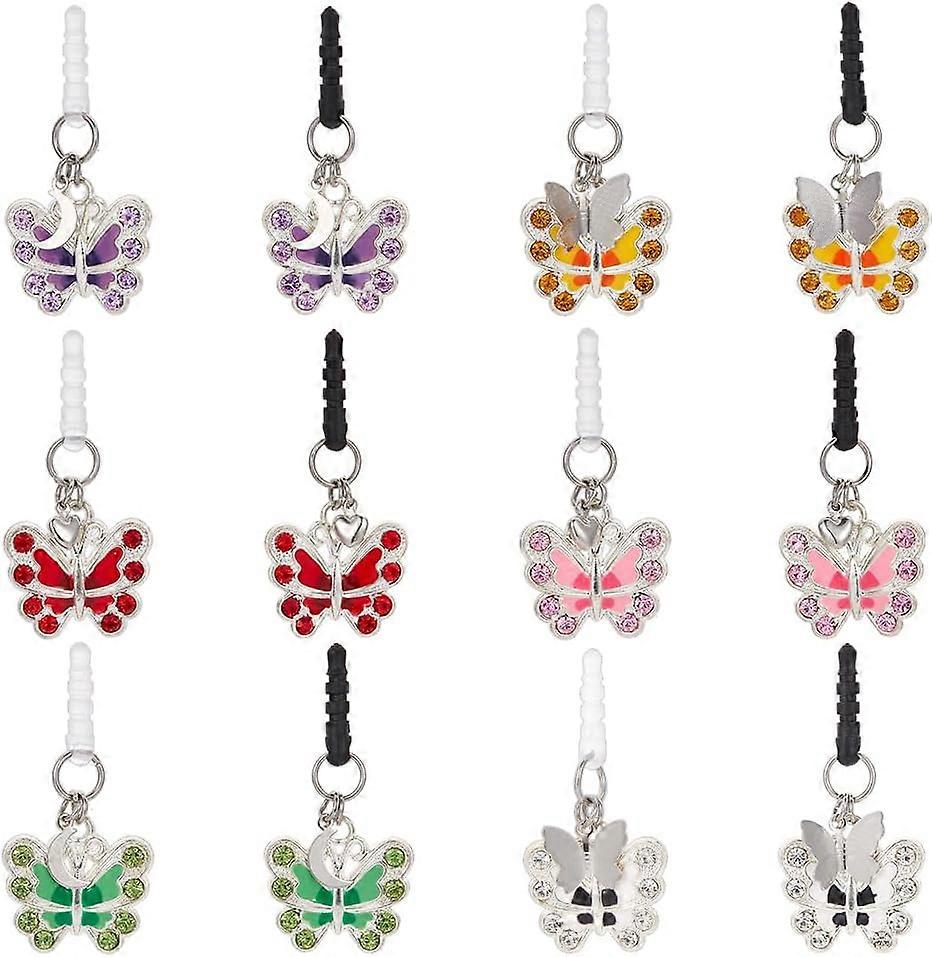 12Pcs 6-style Headphone Port Dust Plug 1.8 Inch Long Butterfly Pendant Earphone Anti Dust Plug Alloy Enamel Butterfly Dust Plug Earphone Plugs with Pe