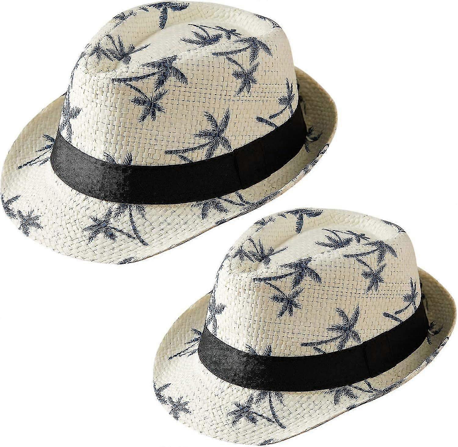2pcs Family Matching Straw Hats Hawaiian Sun Hat Tree Print Parent-child Beach Roll Up Cap For Women Tw