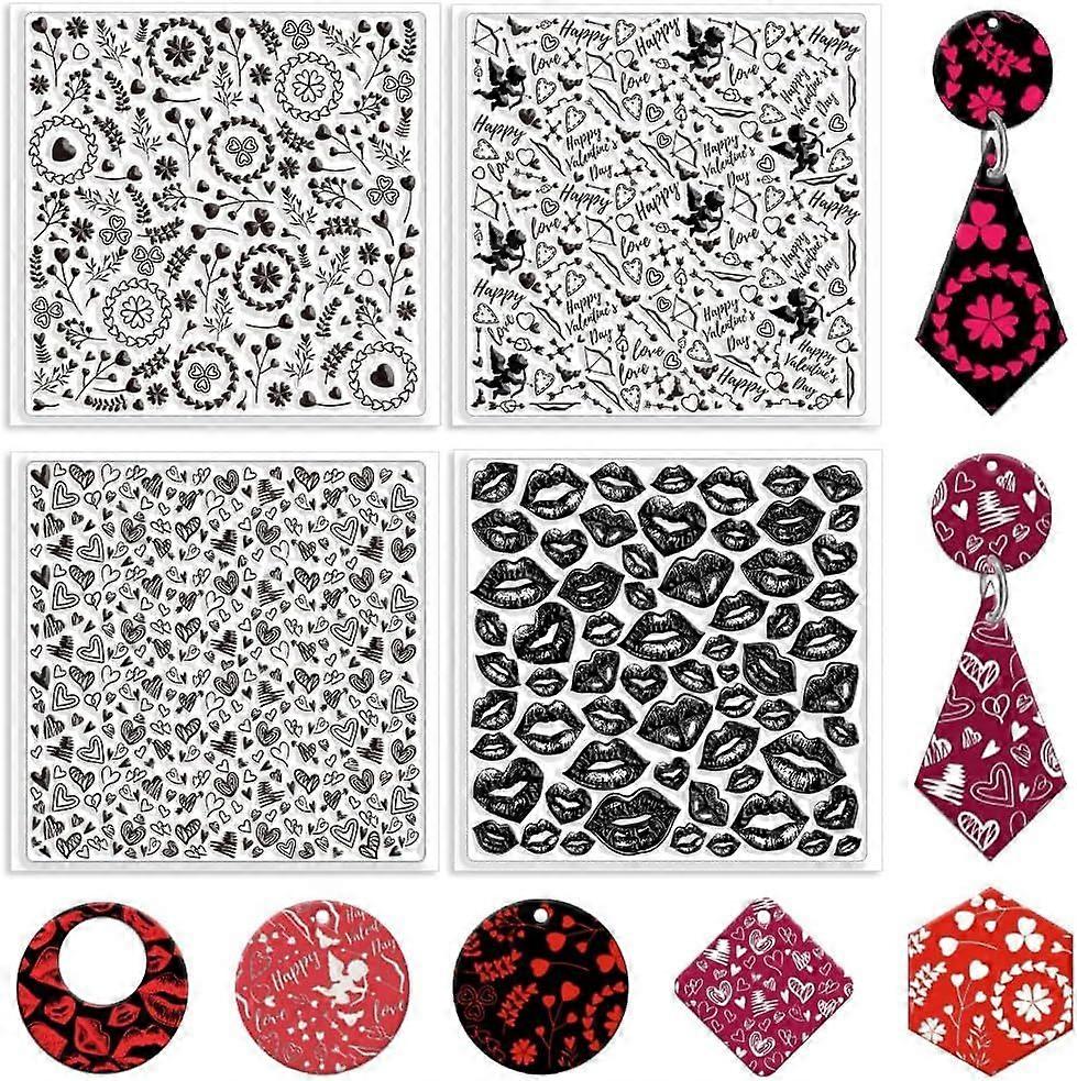 4PCS Valentine's Day Polymer Clay Texture Sheets Lips Love Heart Cupid Texture Stamp Sheets Silicone Texture Stamp Clay Texture Mat Texture Sheets for