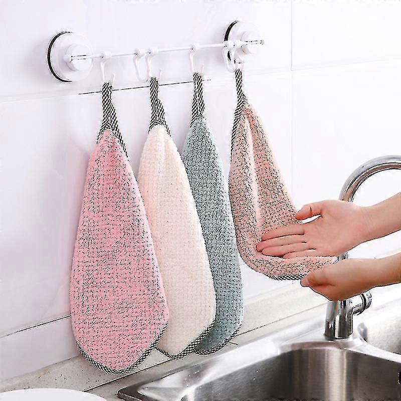 Hangable Coral Fleece Double Sided Rag Kitchen Pineapple Pattern Lint Free Absorbent Hand Towel, 4 Pack