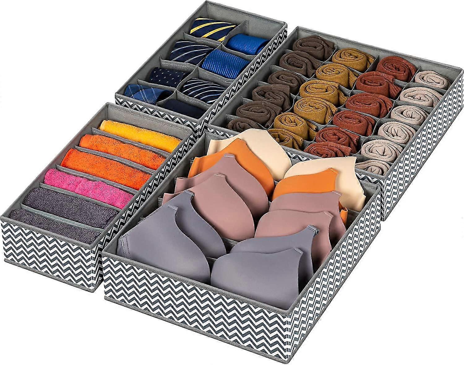 4 Pack Sock Underwear Organizer Dividers, 44 Cell Fabric Foldable Cabinet Closet Organizers and Storage Boxes for Storing Socks, Underwear, Ties (Gray