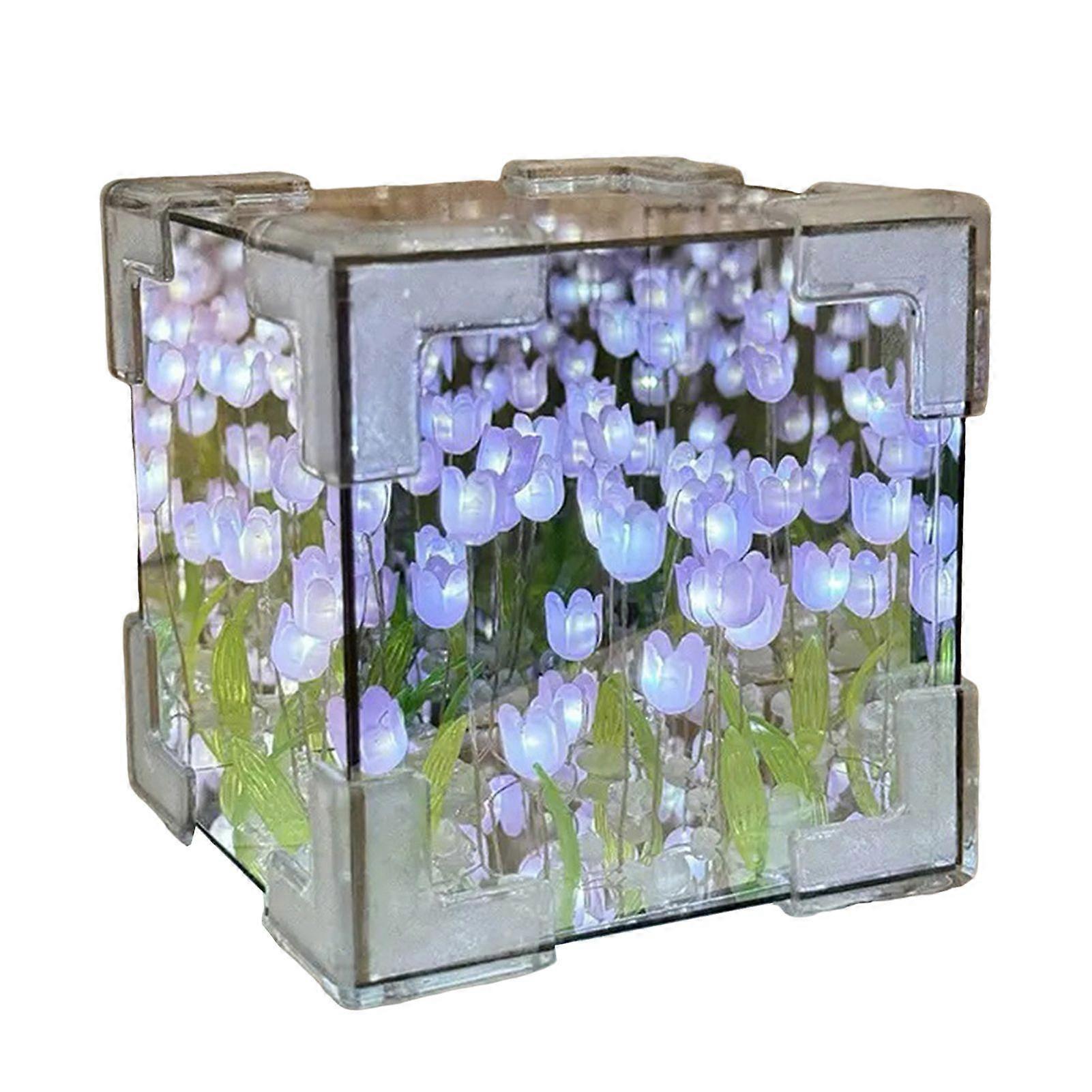 Qinghai LED Tulip Flower Mirror Night Light Realistic Soft Glow Simple Installation Bedside Lamp Desktop Decor DIY Assembly Kit