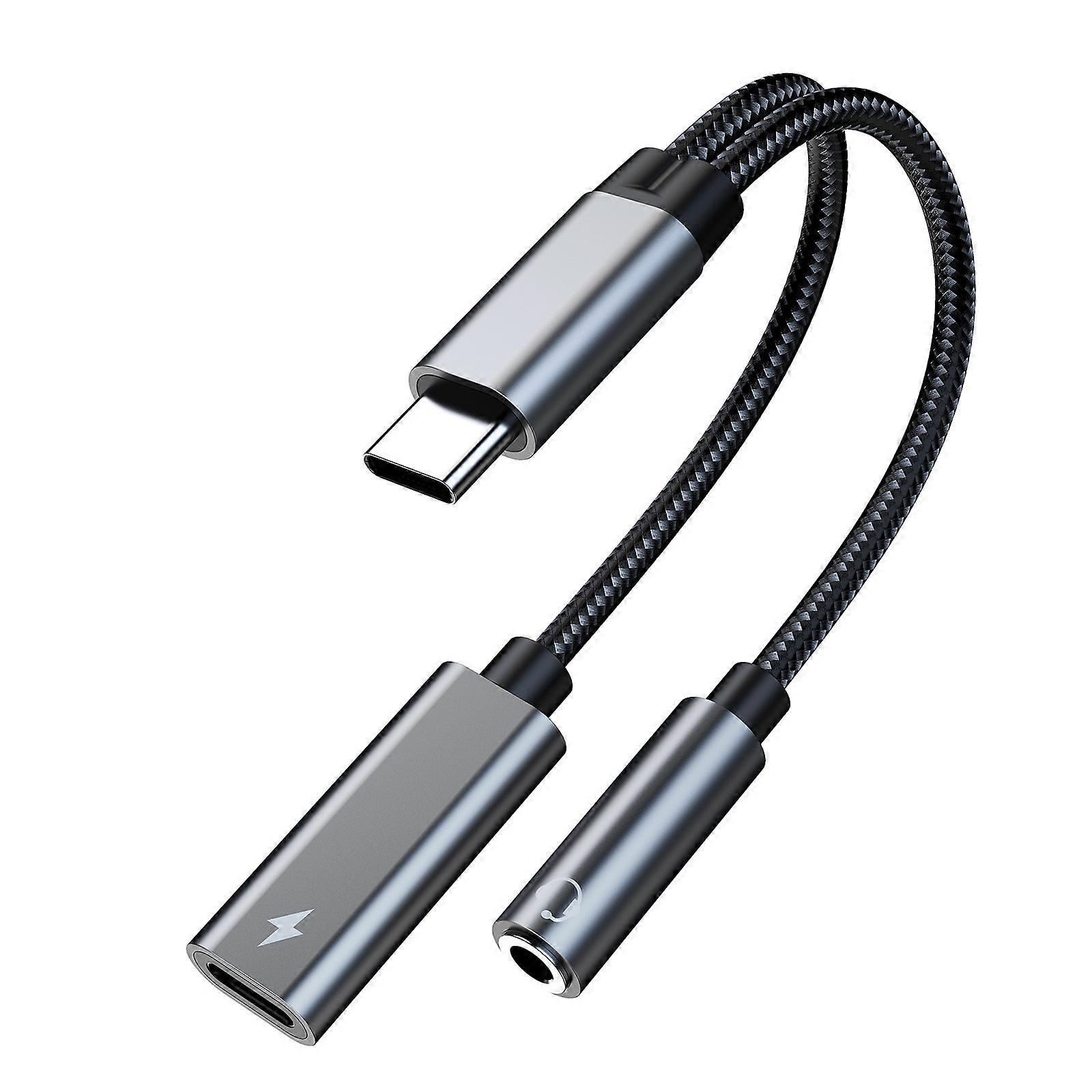 Double Function Type C to 3.5mm Headphone & Charger Adapter 2 in 1 Type C to 3.5mm Sound Dongle Upgrades for Phone 15/16 Grey