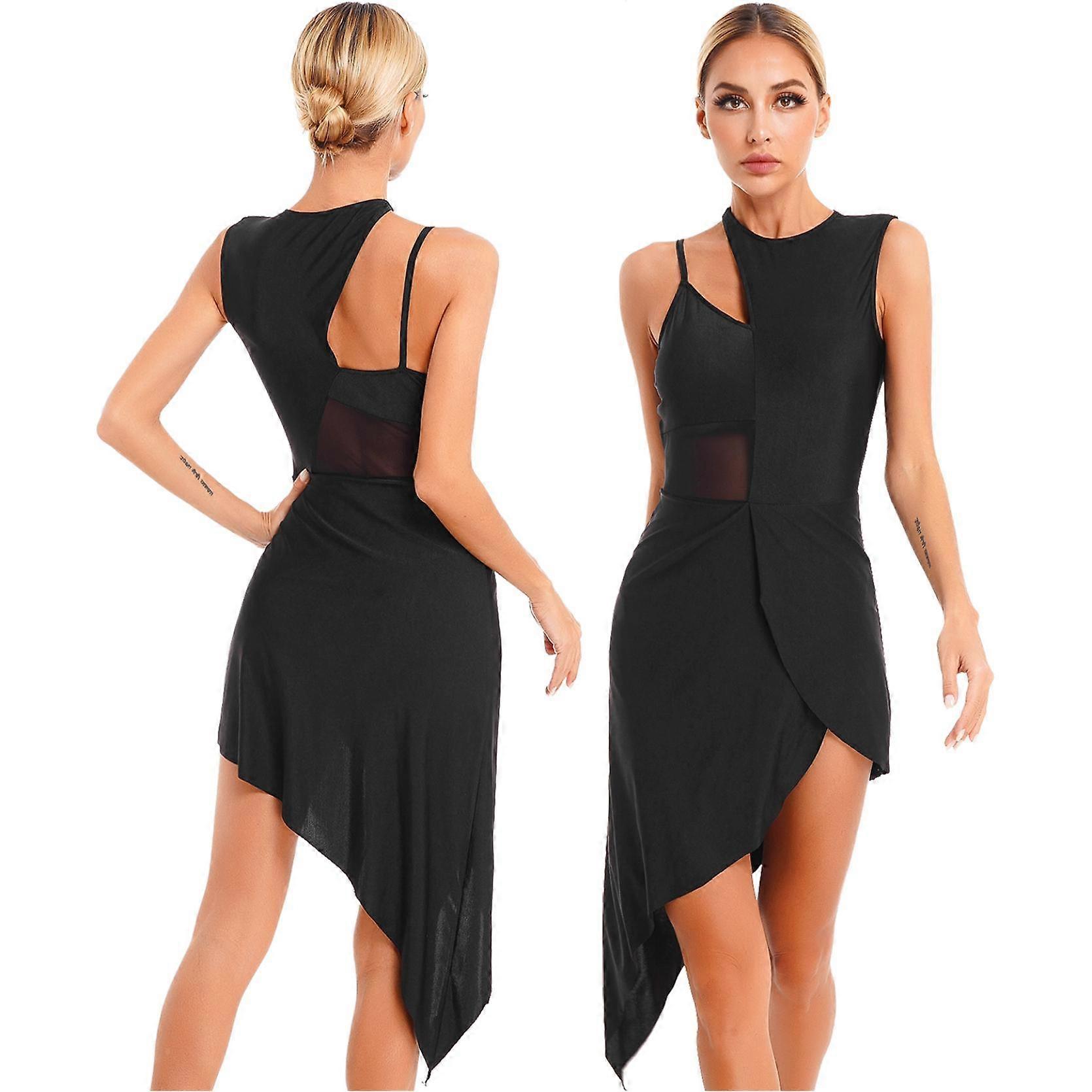 Women's Figure Ice Skating Dress Mesh Overlay Built-in Leotard Asymmetrical Tulle Dance Costume