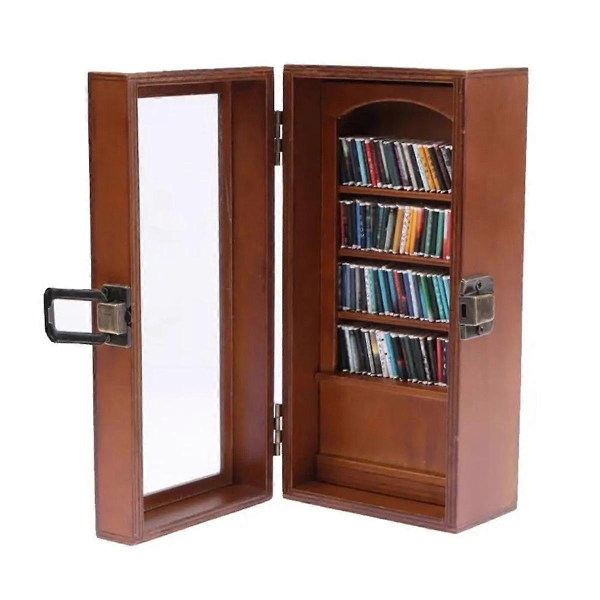 Handmade Miniature Wooden Bookshelf Figurine Statue with 80 books