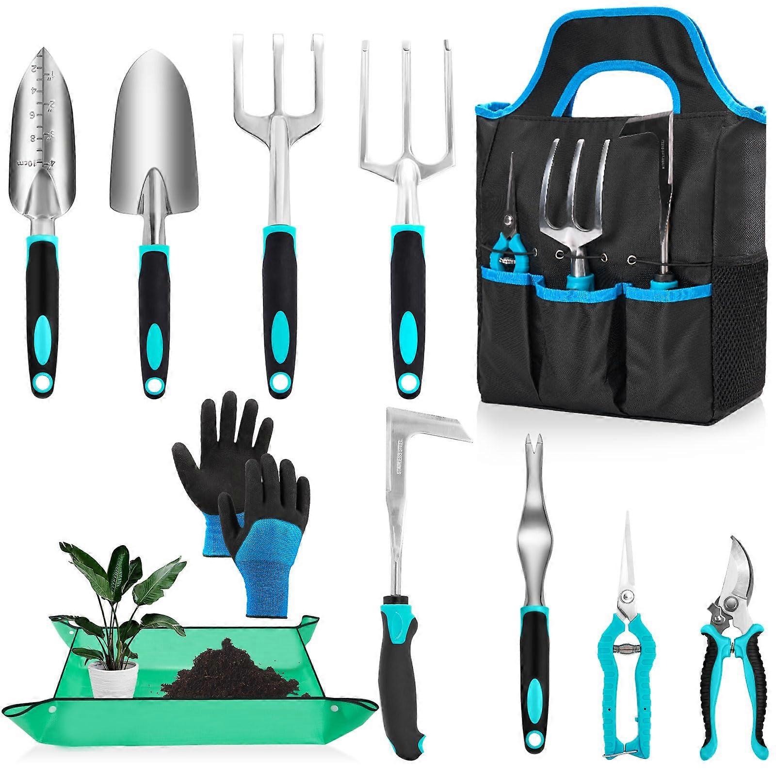 11 Piece Garden Tool Set with Non-Slip Rubber Handle for Outdoor Rooting Weeding Stainless Steel