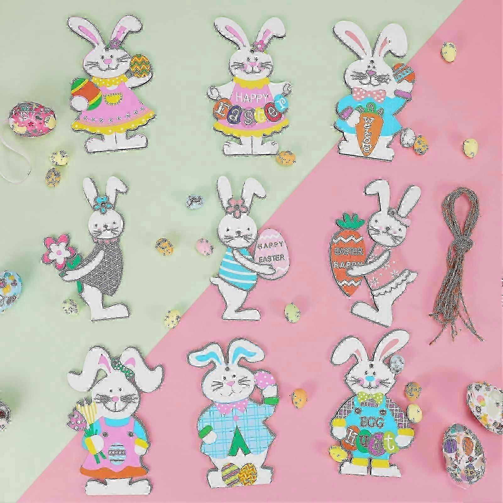 9 Easter Bunny Ornaments Easter Hanging Decorations, Easter Wooden Rabbit Ornaments Hanging Easter