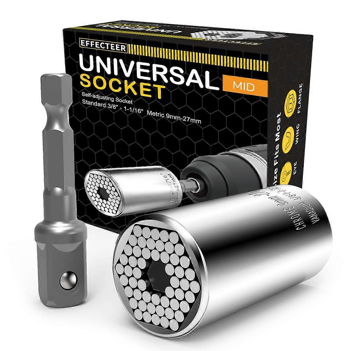 Universal Socket, Self-adjusting Socket Fits Standard 3/8'' - 1-1/16'' Metric 9mm-27mm, Adapter for Tools