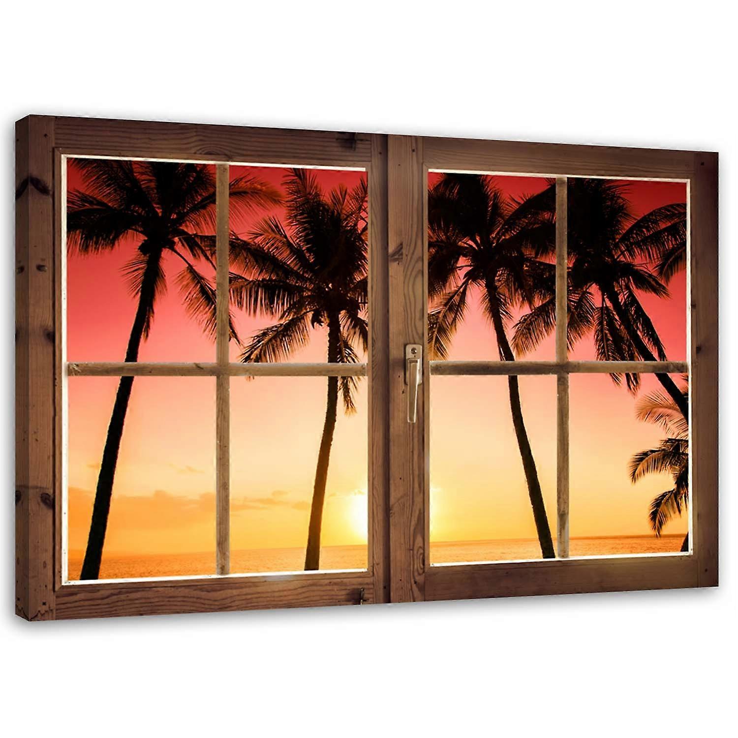 Lienzo, Ventana - palmeras y sol - 100x70