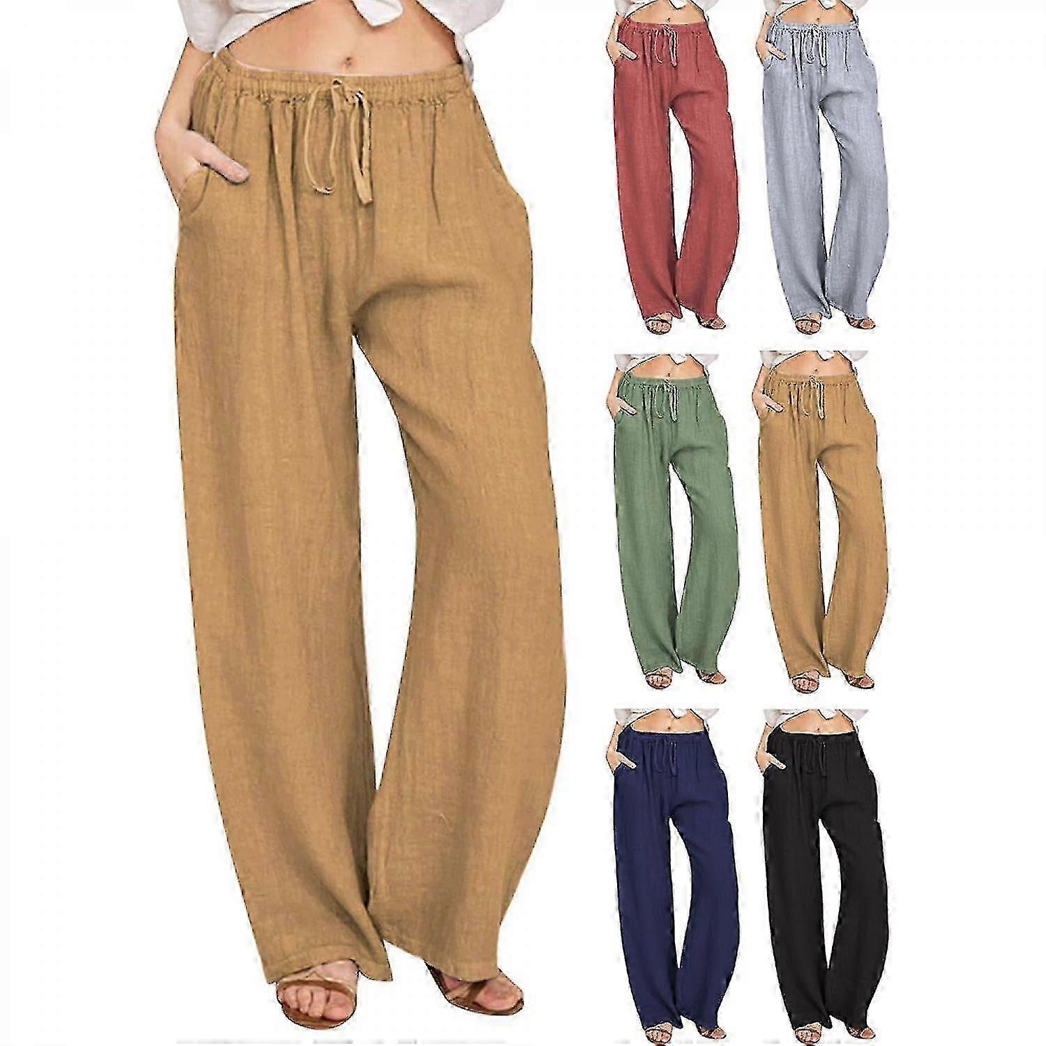 Calças Palazzo de Cintura Alta com Cordão Casual de Perna Larga de Verão com Bolsos em Linho de Algodão Feminino - WHBYV