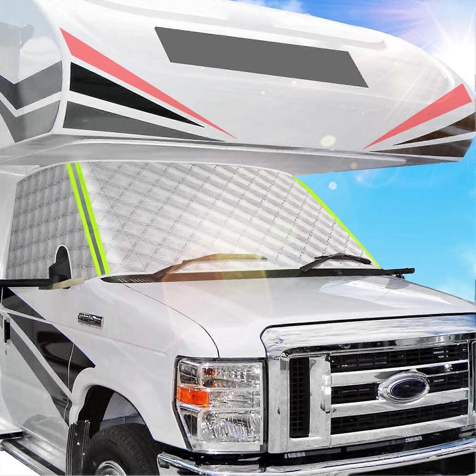 Windshield Cover RV Window Sunshade for Class C Ford E450 1997-2024 Motorhome UV Block Privacy 4-Layer Mirror Cutouts Silver