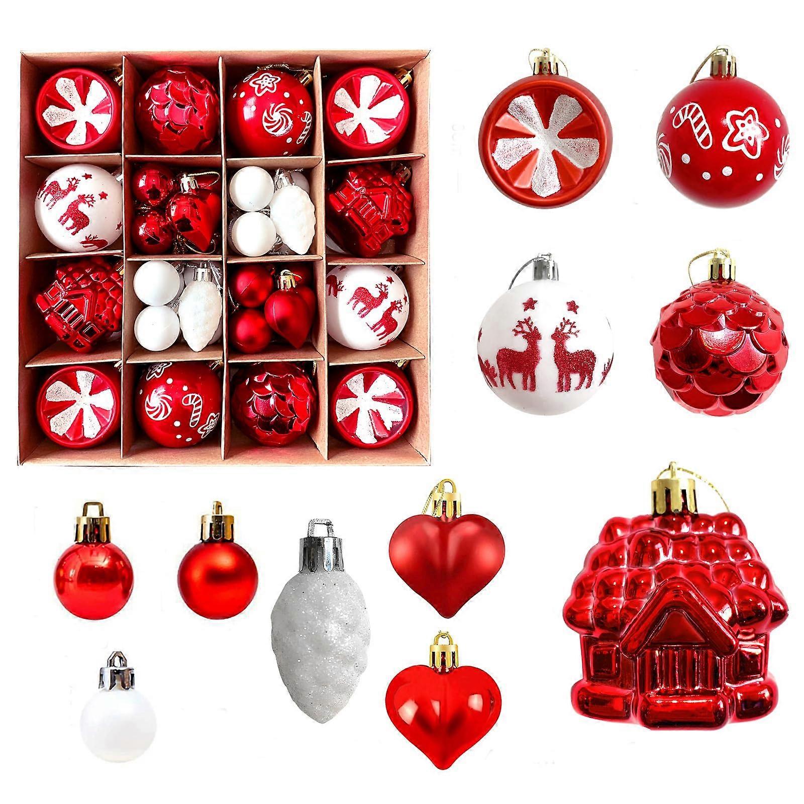 Plastic Christmas Baubles, 40 Pieces, Various Shapes, with String, Red