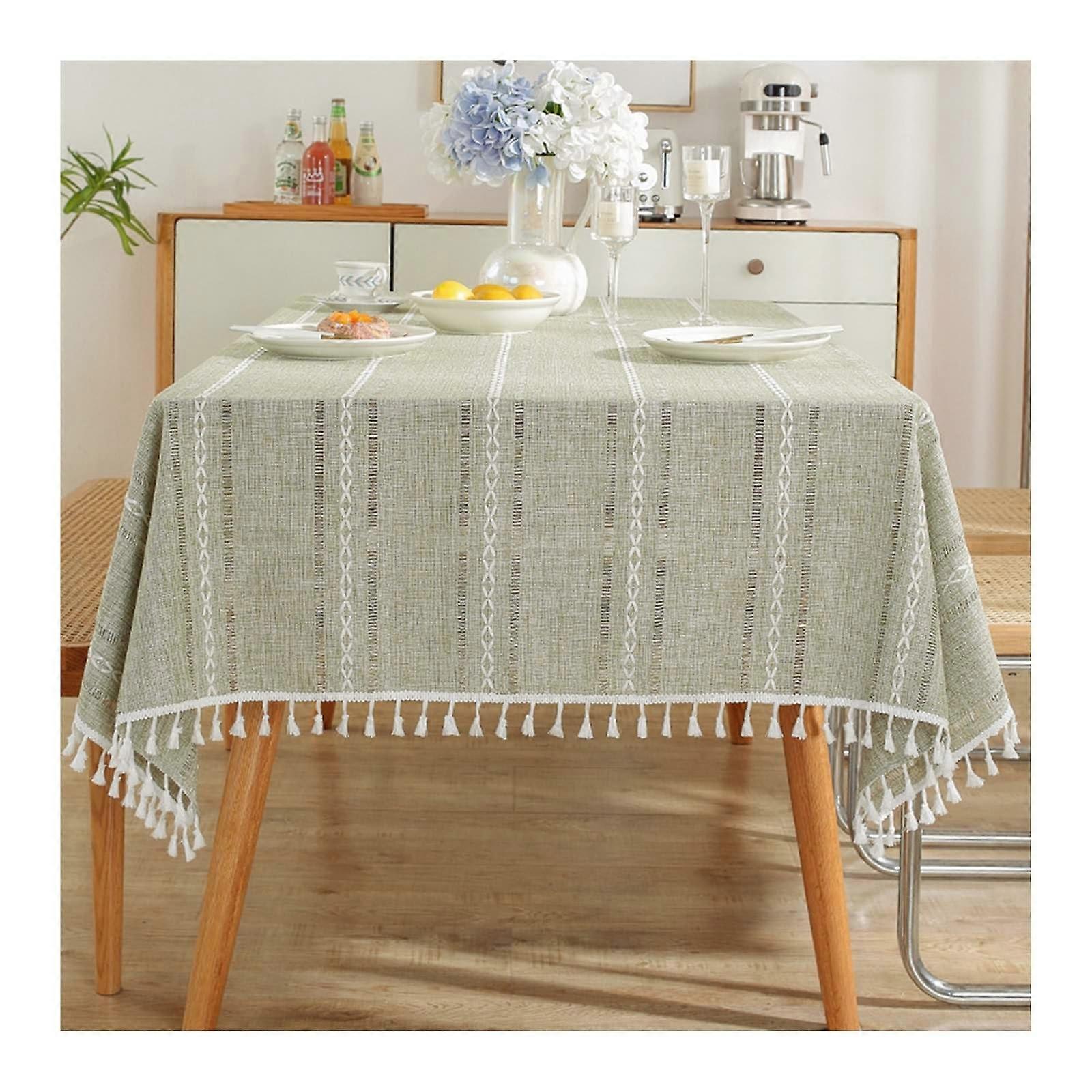 Green Stripes Polyester Tablecloth with Tassels, 140x240cm, Washable