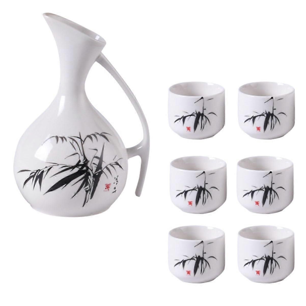 Antique Ceramic Sake Set Japanese Wine Cups and Serving Dispenser with Traditional Pattern