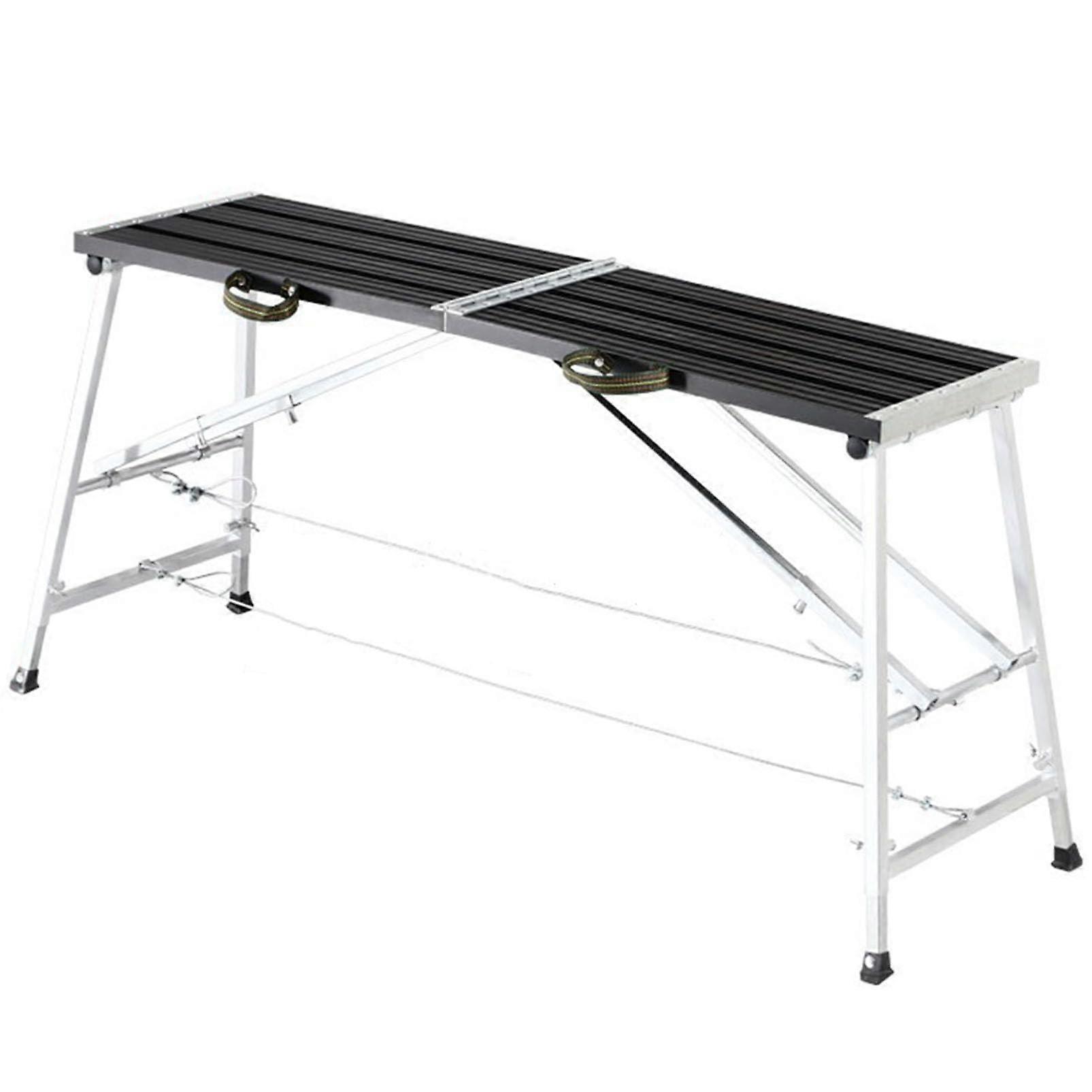 Portable aluminum work platform, heightadjustable, slipresistant, folding bench for drywall, painting, and scaffolding.