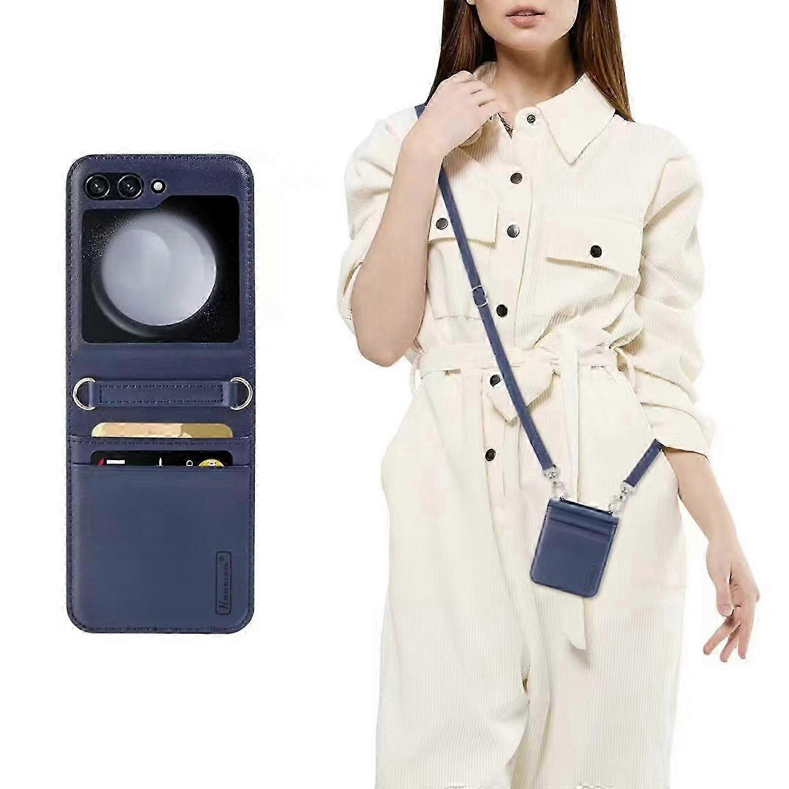 for Samsung Galaxy Z Flip 6 Luxurious Leather Case with Card Slots, Z Flip 6 with Wrist Strap and Adjustable Shoulder Strap