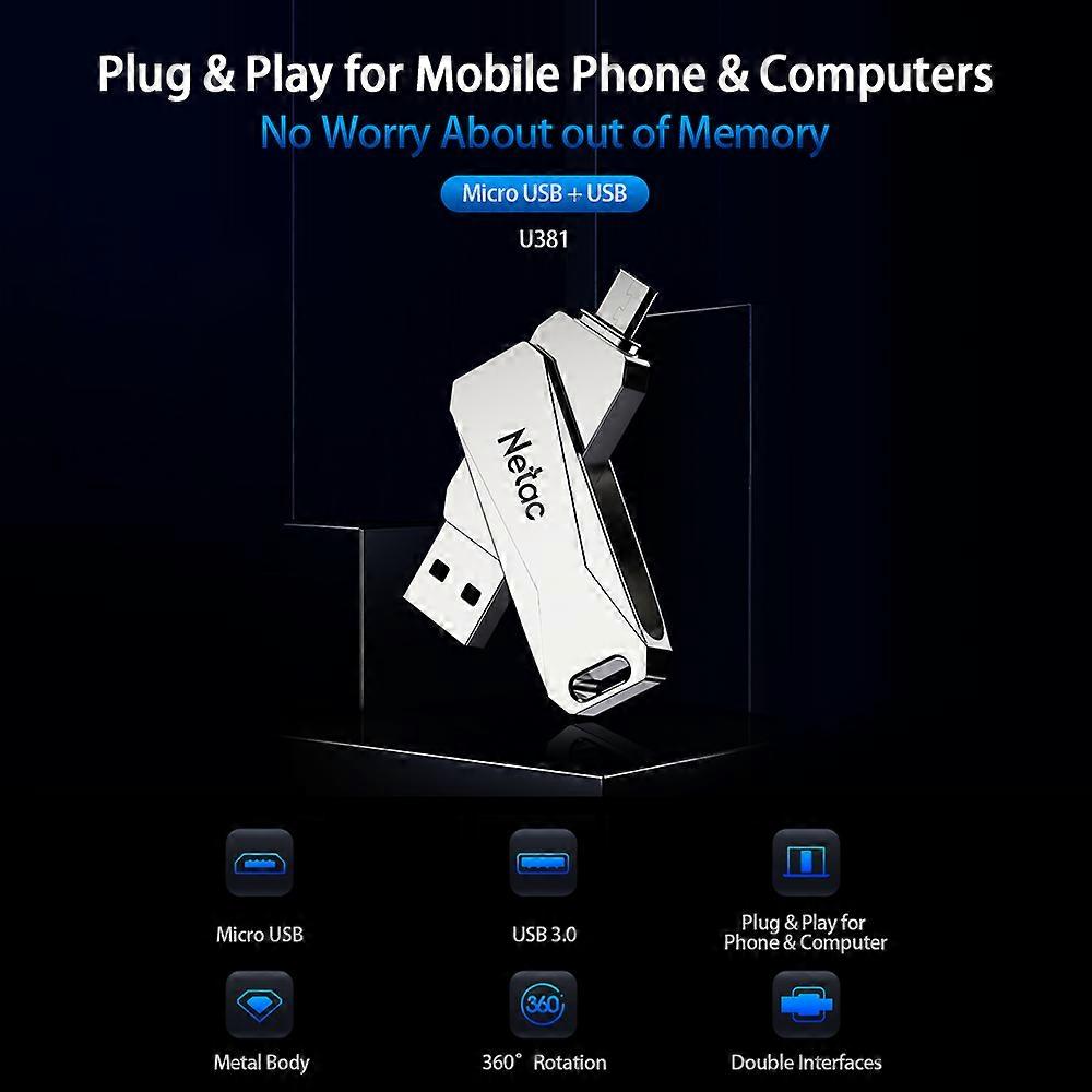 Netac U381 64GB + USB Double Interface Flash Drive Plug & Play Mobile Phone Memory Expansion U Disk
